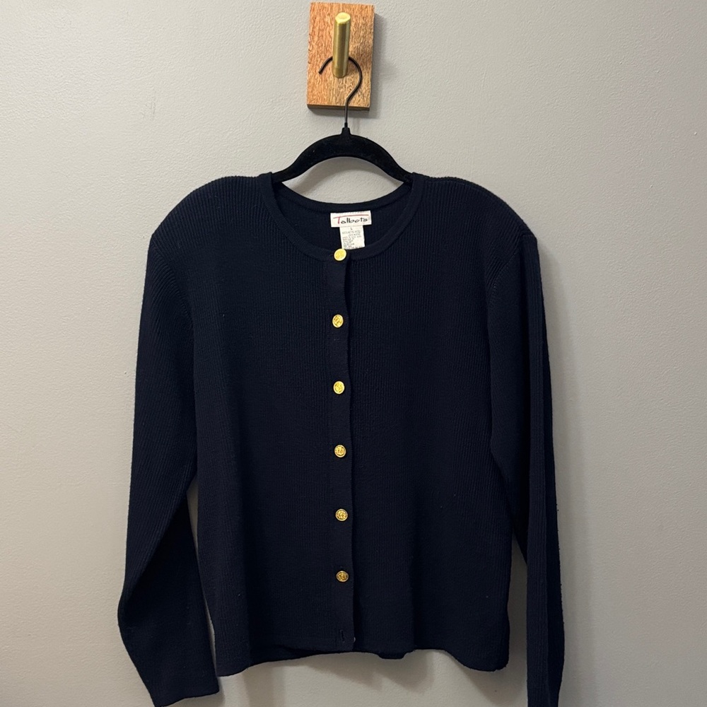 Talbots Dark Blue Cardigan with Gold Buttons Size Large 100% Merino Wool